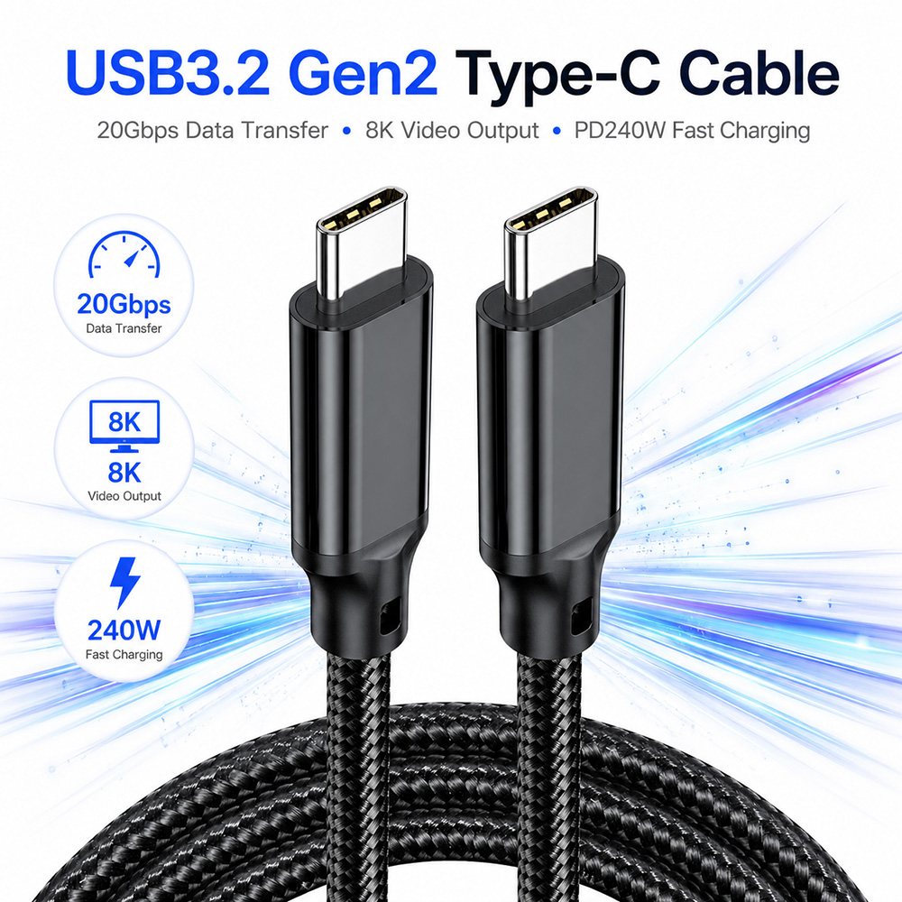 USB3.2 Gen2x2 Type-C cable showing high-speed 20Gbps data transfer, PD 240 Fast Charging