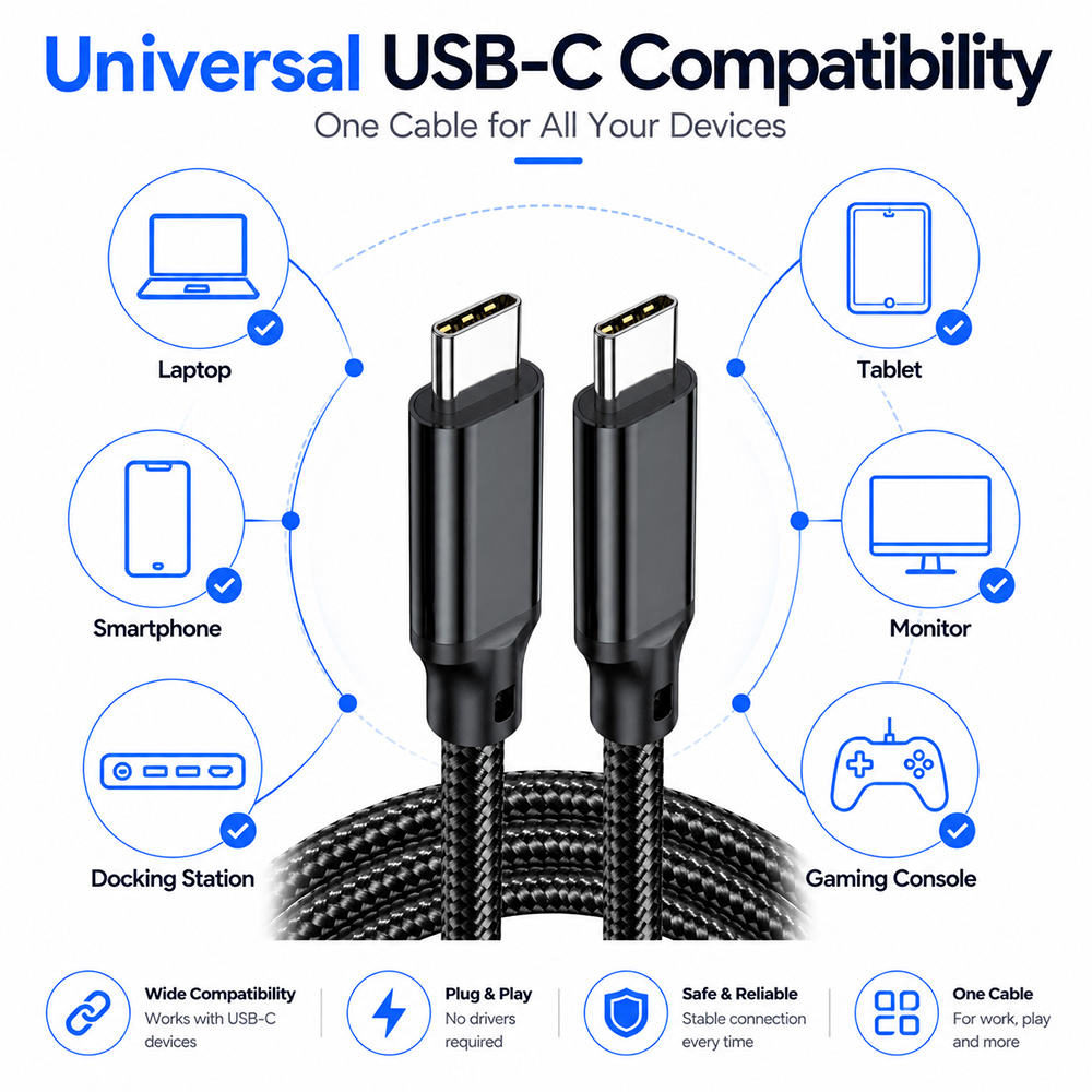USB3.2 Gen2x2 Type-C cable surrounded by icons for laptop, monitor, docking station, external SSD.