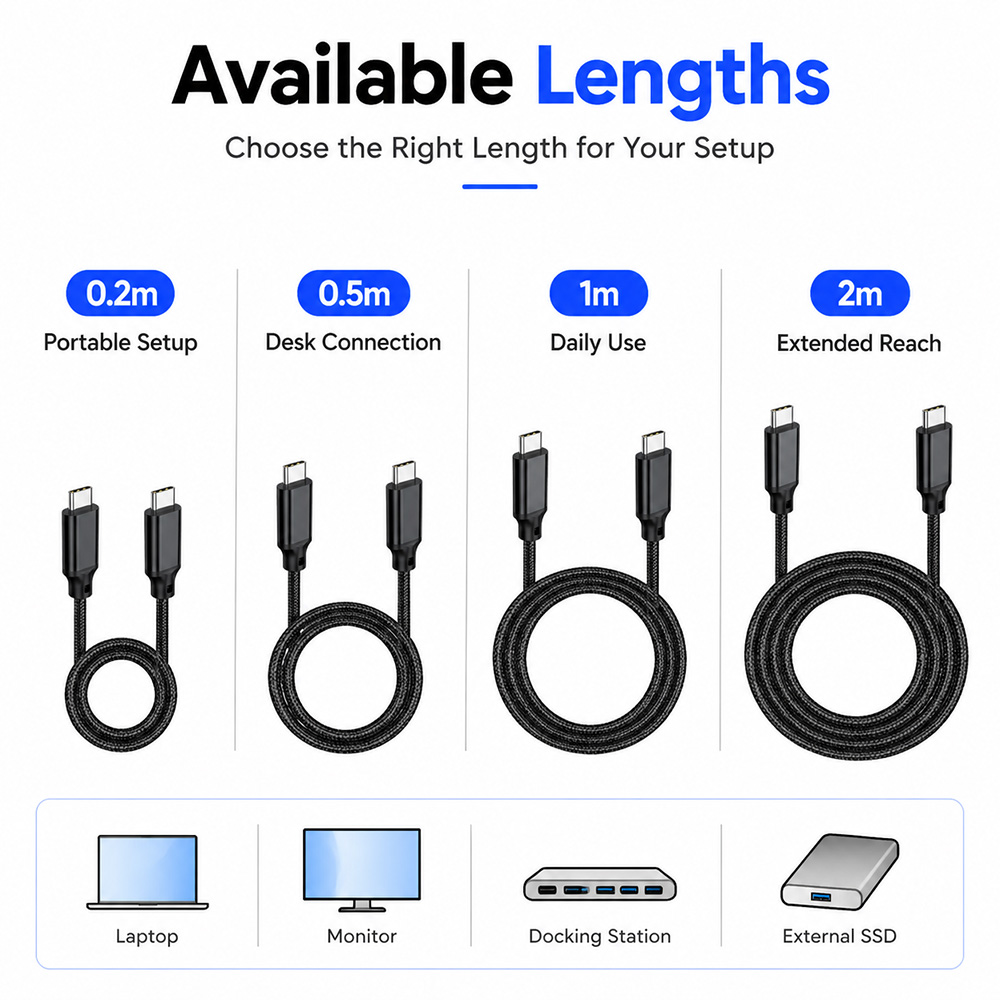 Four USB3.2 Gen2x2 Type-C cables displayed in 0.2m, 0.5m, 1m, 2m lengths with labeled uses and device icons.