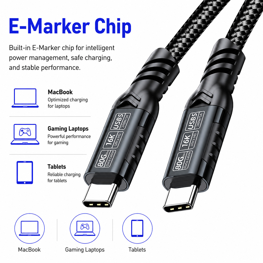 USB4 2.0 240W cable with E-Marker chip for safe charging and stable power delivery