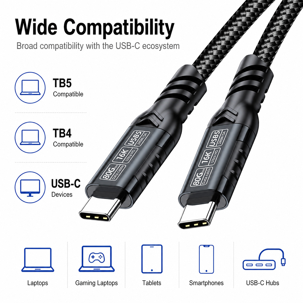 USB4 2.0 80Gbps cable compatible with laptops, tablets, smartphones, monitors and docking stations
