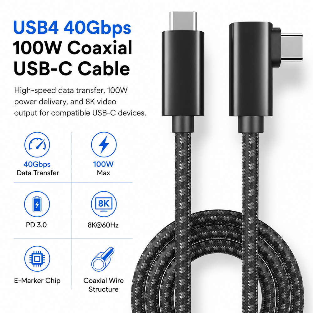 USB4 40Gbps 100W coaxial right angle USB-C cable with 8K video output and E-Marker chip features