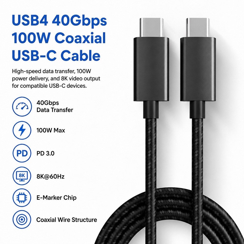 USB4 40Gbps 100W coaxial USB-C cable with 8K video output and E-Marker chip features