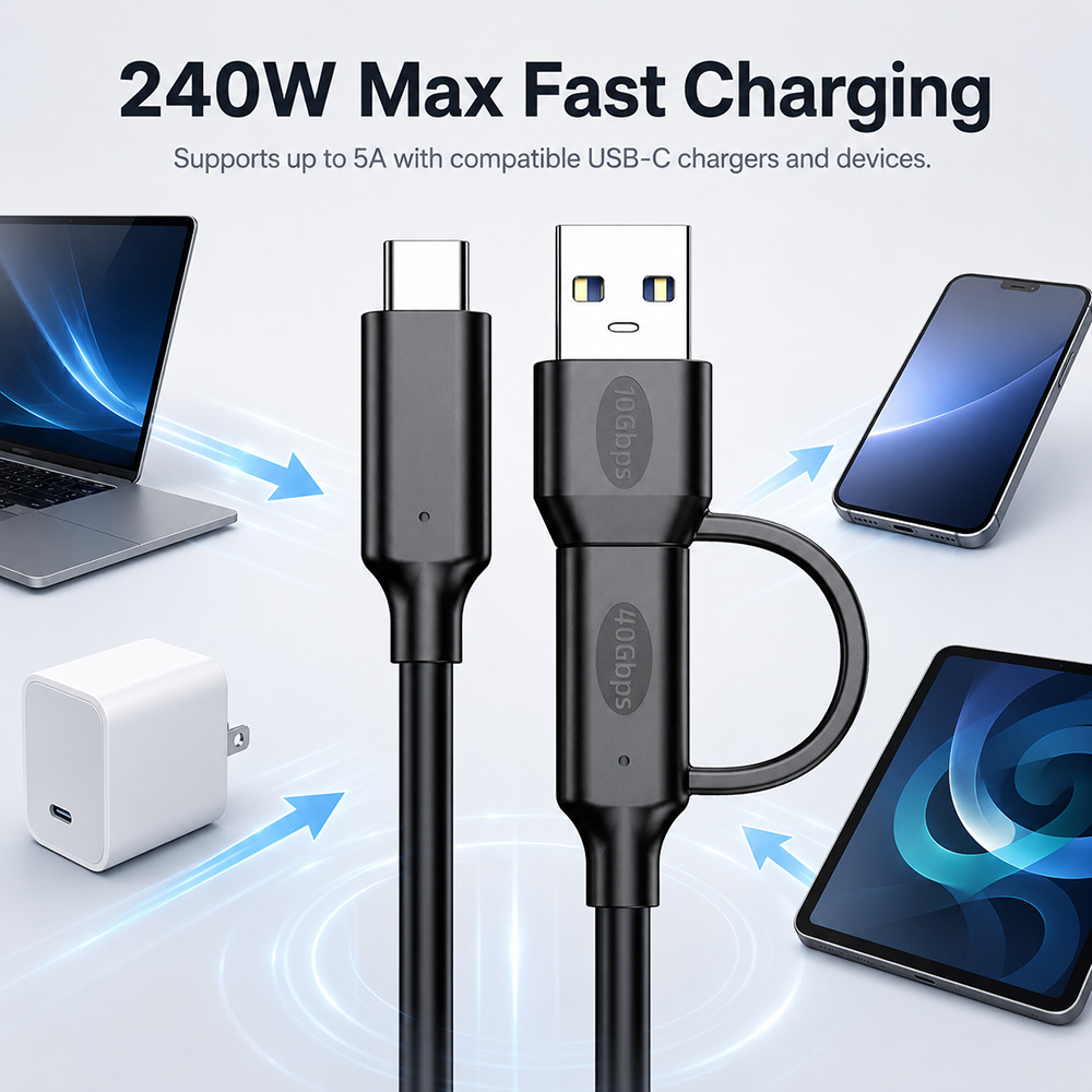 USB4 40Gbps USB-C cable supports 240W fast charging with compatible USB-C chargers and devices