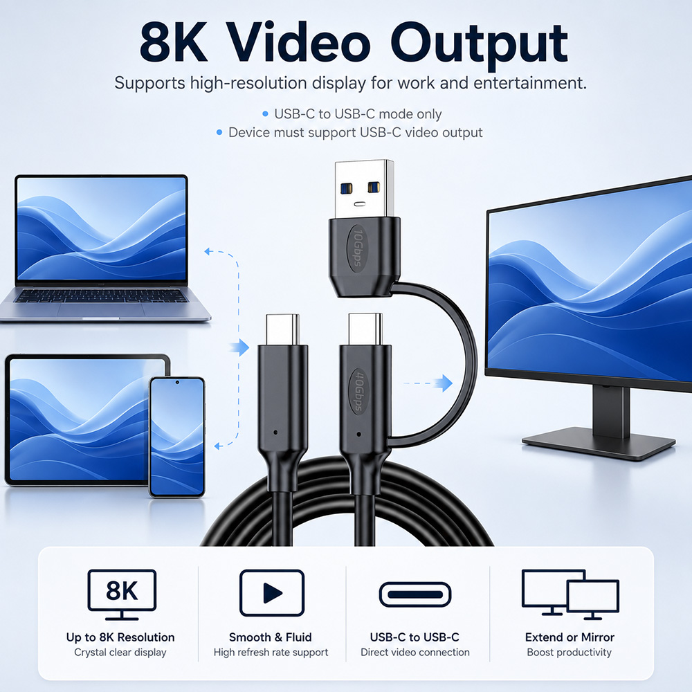 USB4 40Gbps USB-C cable supports up to 8K video output in USB-C to USB-C mode