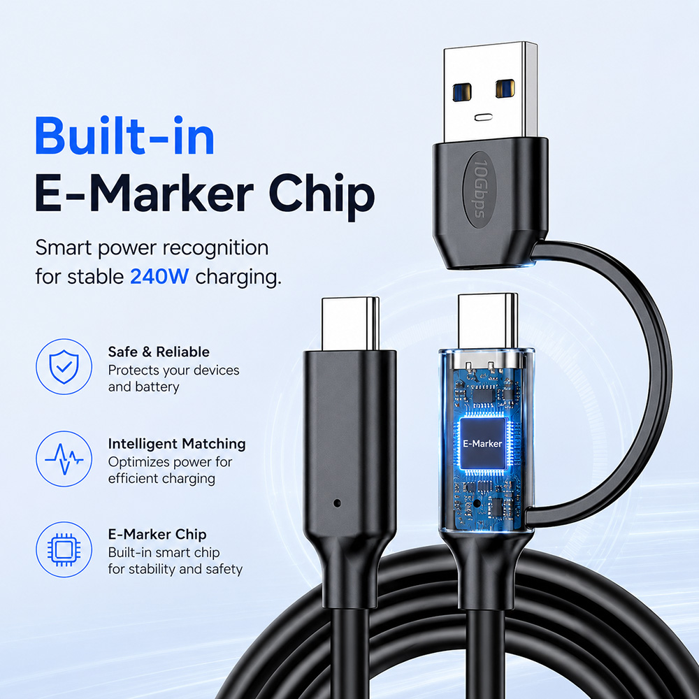 USB4 40Gbps USB-C cable with built-in E-Marker chip for stable 240W charging