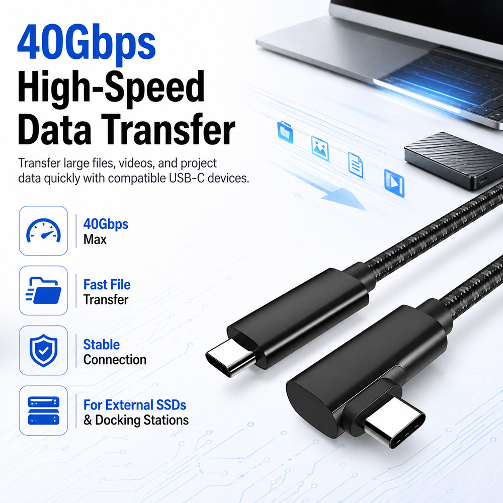 USB4 40Gbps right angle USB-C cable for high-speed data transfer with external SSDs and docking stations