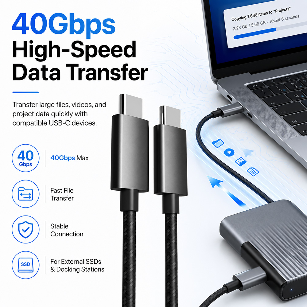 USB4 40Gbps USB-C cable for high-speed data transfer with external SSDs and docking stations