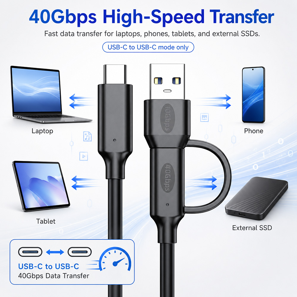 USB4 40Gbps USB-C cable for high-speed data transfer with laptops, phones, tablets and external SSDs