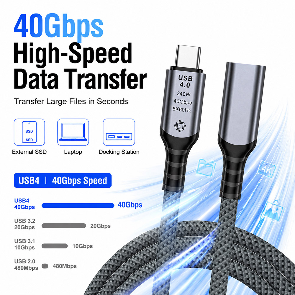 USB4 Extension Cable 40Gbps High Speed Data Transfer for SSD and Docking Station
