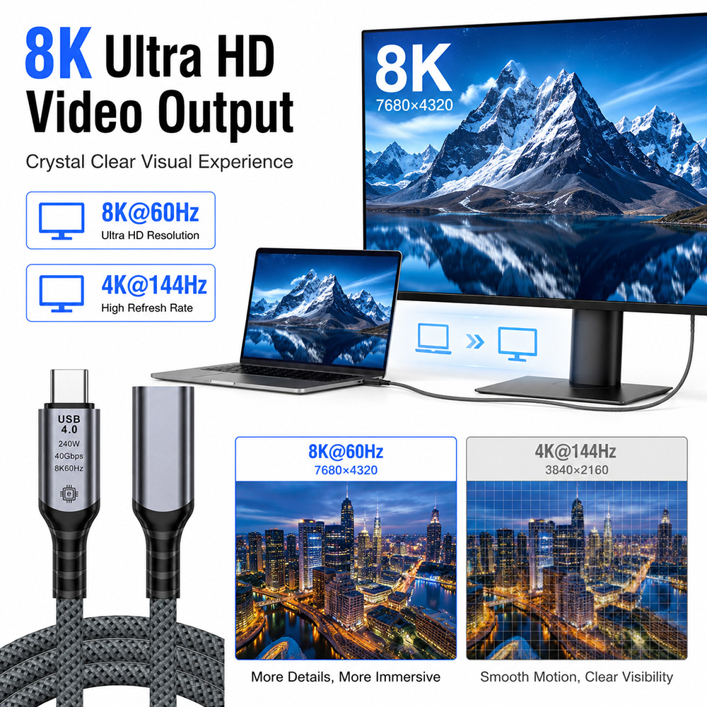 USB4 Extension Cable Supports 8K60Hz and 4K144Hz Video Output