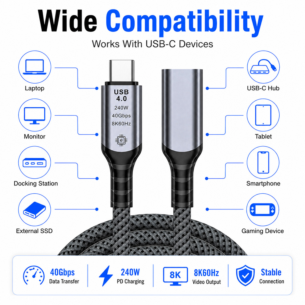 USB4 Extension Cable Compatible with Laptop Monitor SSD Docking Station Tablet