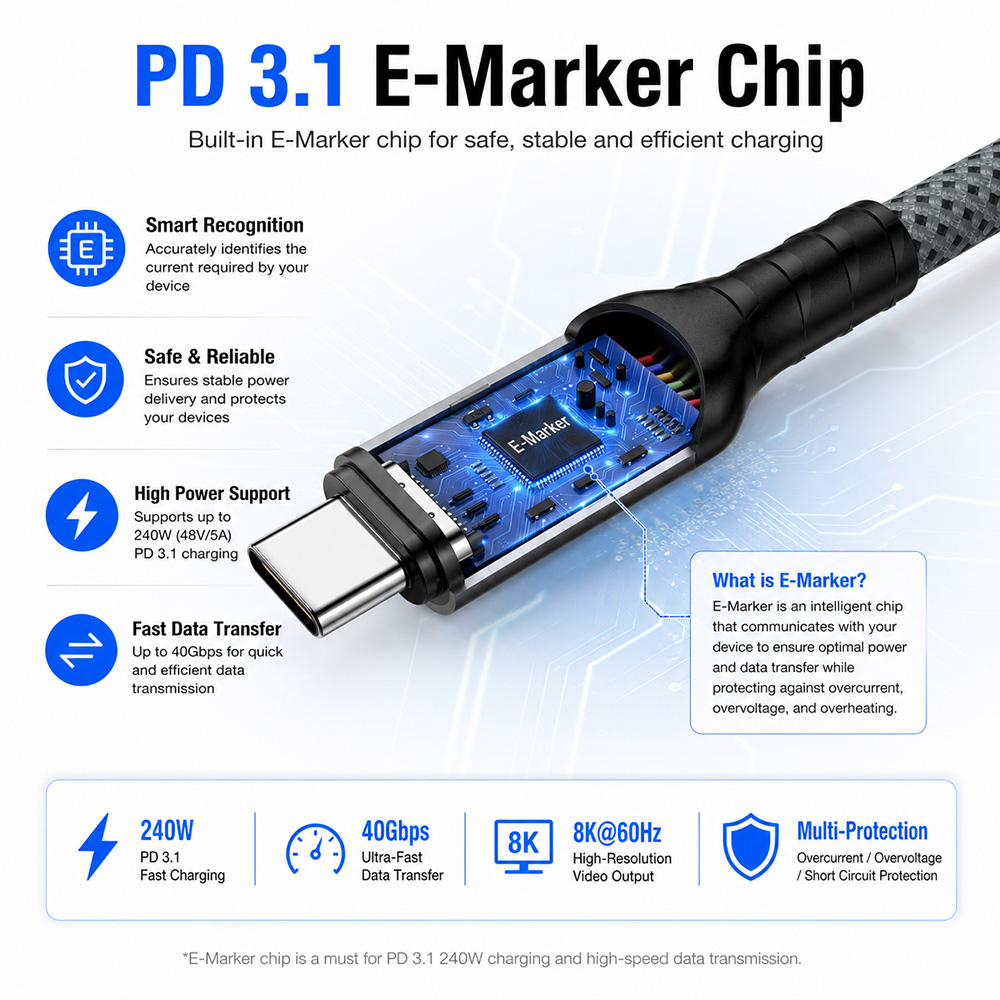 USB4 Extension Cable Built-in PD3.1 E-Marker Smart Chip Protection