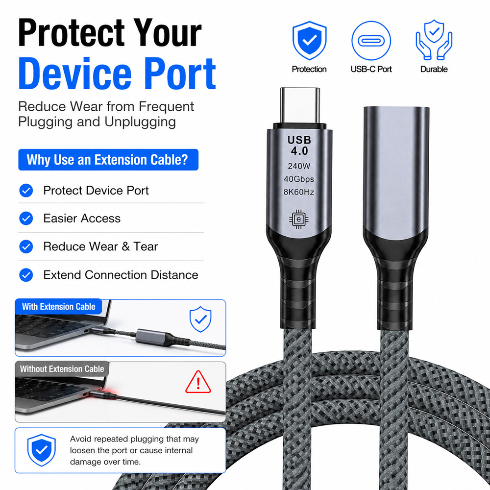 USB-C Extension Cable Protects Device Port from Wear and Frequent Plugging