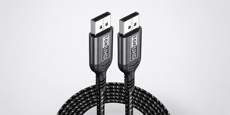 16K DisplayPort to DisplayPort cable with braided cord and black metal connector shells on a light gray background