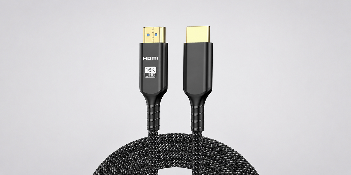 Black 16K HDMI cable with braided cord on a light gray background