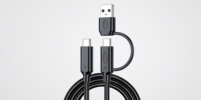 2-in-1 20Gbps USB-C cable with an attached USB-A adapter on a light gray background