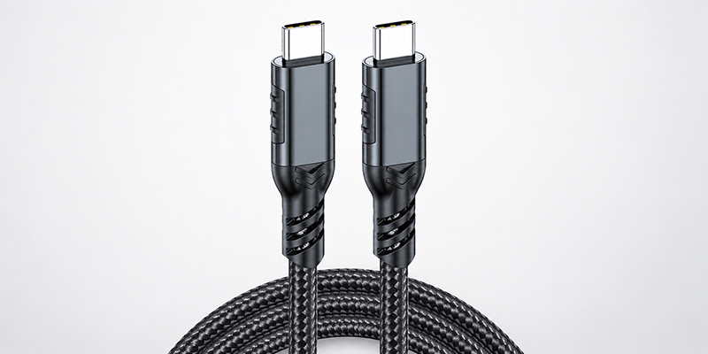 20Gbps USB-C to USB-C cable with braided cord and reinforced connector shells on a light gray background