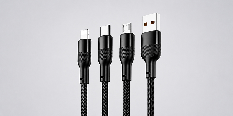 3-in-1 USB-A braided charging cable with Lightning, USB-C, and Micro-USB connectors on a light gray background