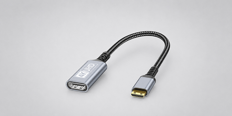 Braided Mini HDMI male to HDMI female adapter cable supporting 4K at 60Hz on a light gray background