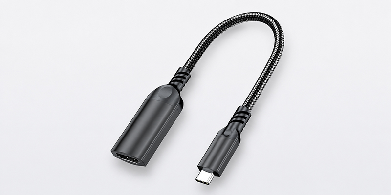 Black braided USB-C to HDMI female adapter cable supporting 4K at 60Hz on a light gray background