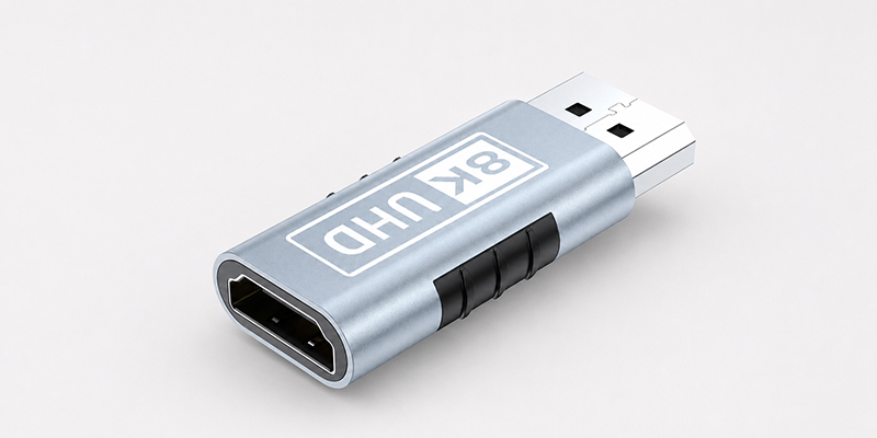 8K DisplayPort male to HDMI female adapter on a light gray background