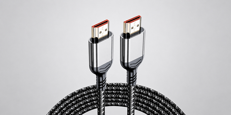 8K HDMI cable with gray connector shells and braided cord on a light gray background