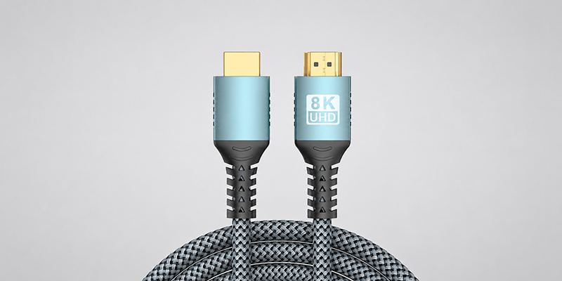 8K HDMI cable with teal connector shells and braided cord on a light gray background