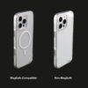 Comparison of magnetic and non-magnetic UGOjP clear cases for iPhone 16 Series.