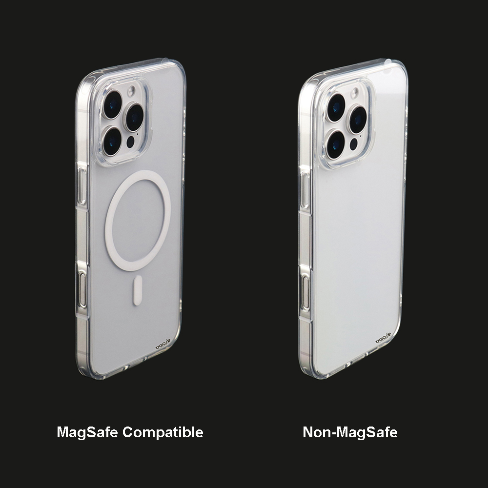 Comparison of magnetic and non-magnetic UGOjP clear cases for iPhone 16 Series.