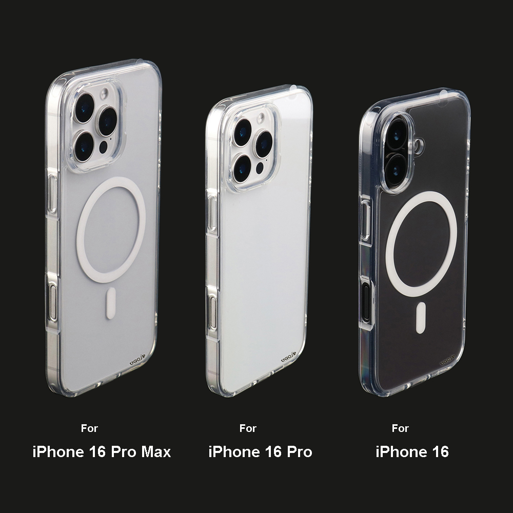 Comparison of UGOjP clear cases for iPhone 16, iPhone 16 Pro and iPhone 16 Pro Max.