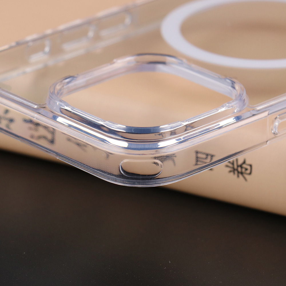 Close-up of the raised transparent camera frame on the UGOjP clear case for iPhone 16 Series.