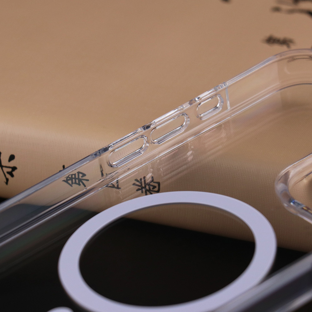 Close-up of the transparent corner and reinforced edge on the UGOjP case for iPhone 16 Series.