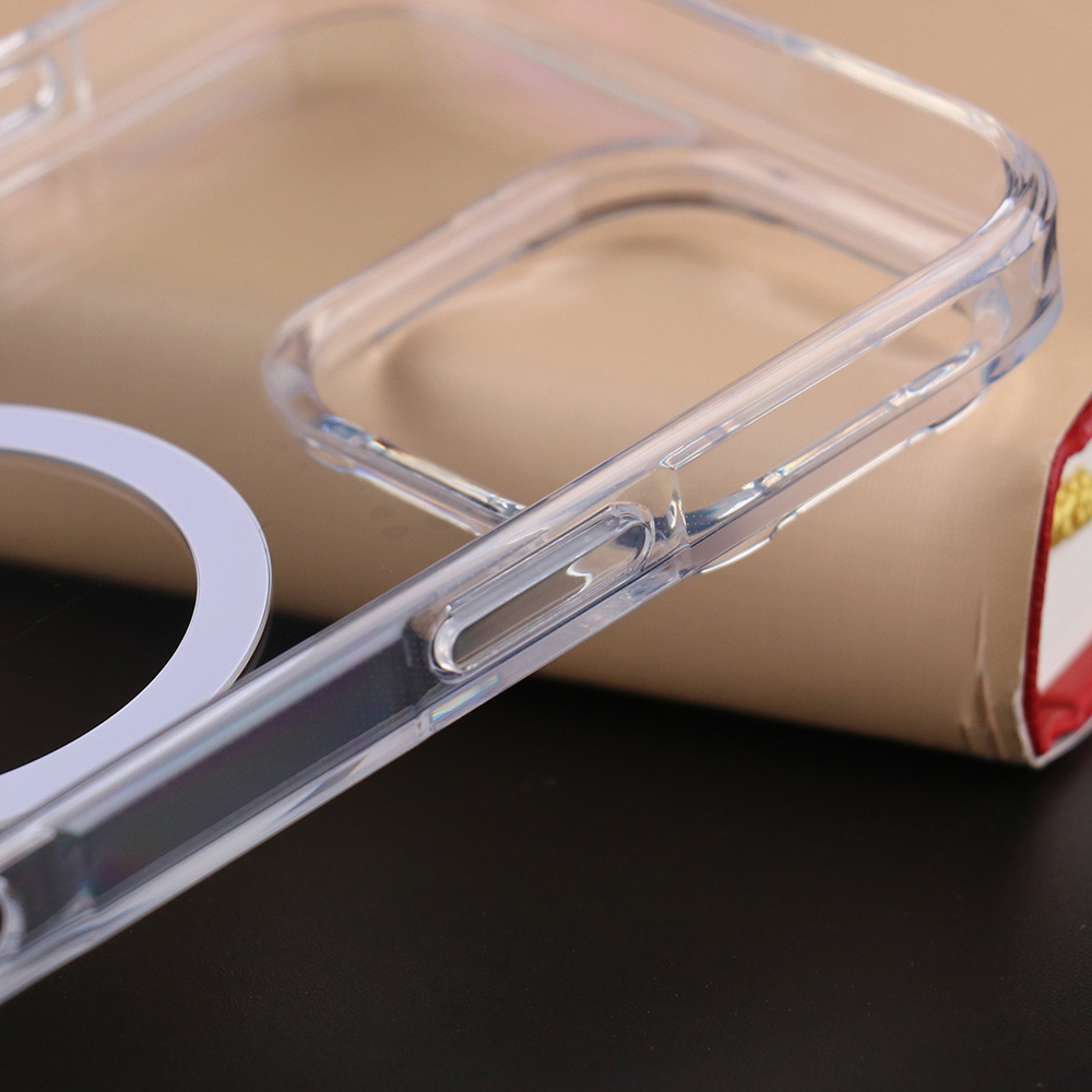 Transparent side frame and button detail of the UGOjP clear case for iPhone 16 Series