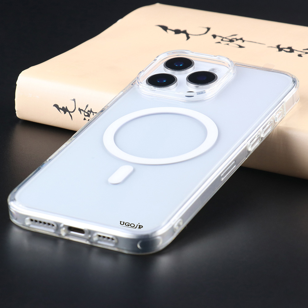 clear magnetic case installed on a white iPhone 16 Series