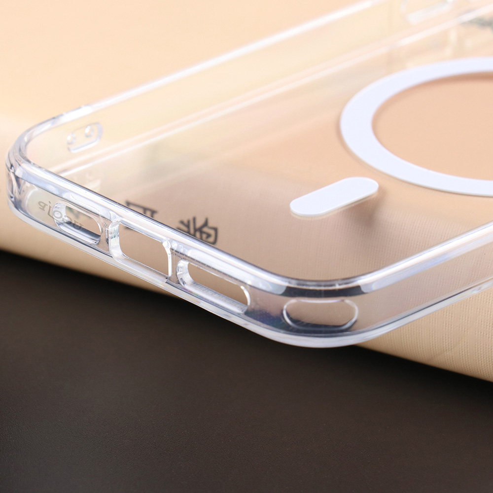 Bottom charging port and speaker cutouts on the UGOjP transparent case for iPhone 14 and 15 Series.