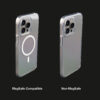 Comparison of the magnetic and non-magnetic UGOjP transparent cases for iPhone 14 and iPhone 15 Series.