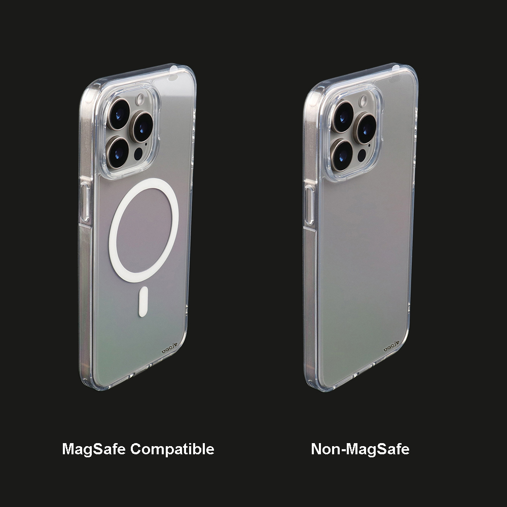 Comparison of the magnetic and non-magnetic UGOjP transparent cases for iPhone 14 and iPhone 15 Series.