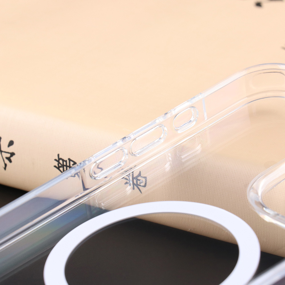 Close-up of the transparent corner protection on the UGOjP clear case for iPhone 14 and 15 Series.