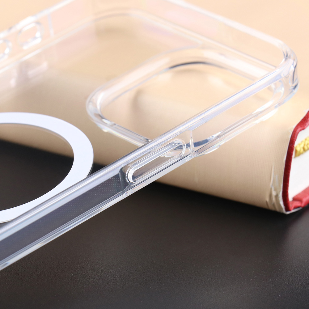 Transparent side frame and button detail of the UGOjP case for iPhone 14 and iPhone 15 Series.