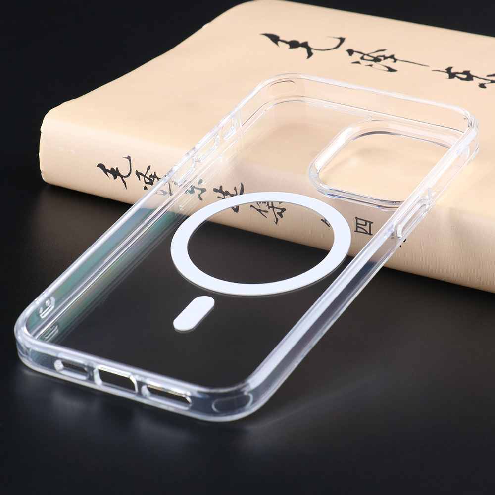Clear magnetic UGOjP phone case for iPhone 14 and iPhone 15 Series, shown from the front.