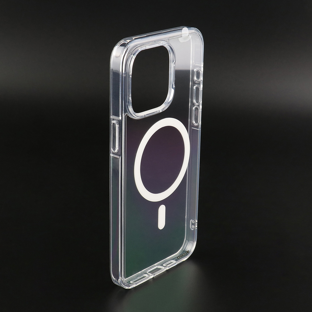 Transparent UGOjP magnetic phone case with a built-in magnetic ring for iPhone 14 and iPhone 15 Series.