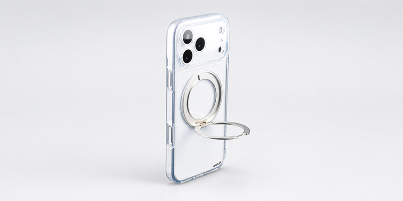 Clear magnetic case with foldable ring stand for iPhone 17 Pro and iPhone 17 Pro Max on a light gray background