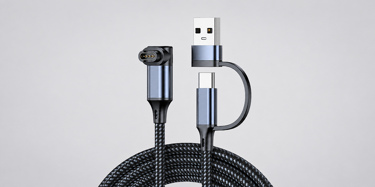 Braided charging cable compatible with Garmin watches, featuring a right-angle charging connector and USB-A/USB-C dual input on a light gray background