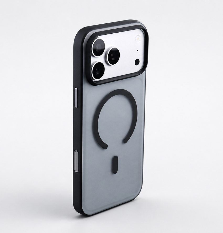 Magnetic phone case with a translucent back and black bumper on a light gray background