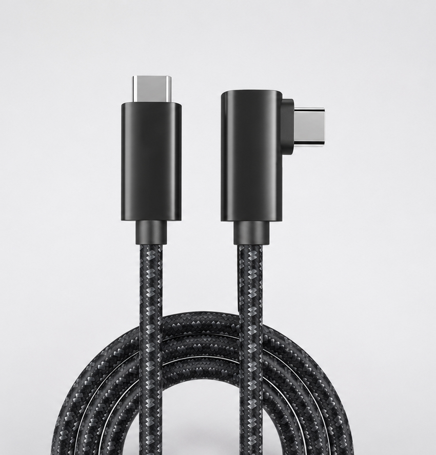 Braided USB-C cable with straight and 90-degree connectors on a light gray background