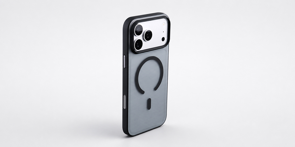 Black magnetic matte case for iPhone 18 Pro Max on a light gray background