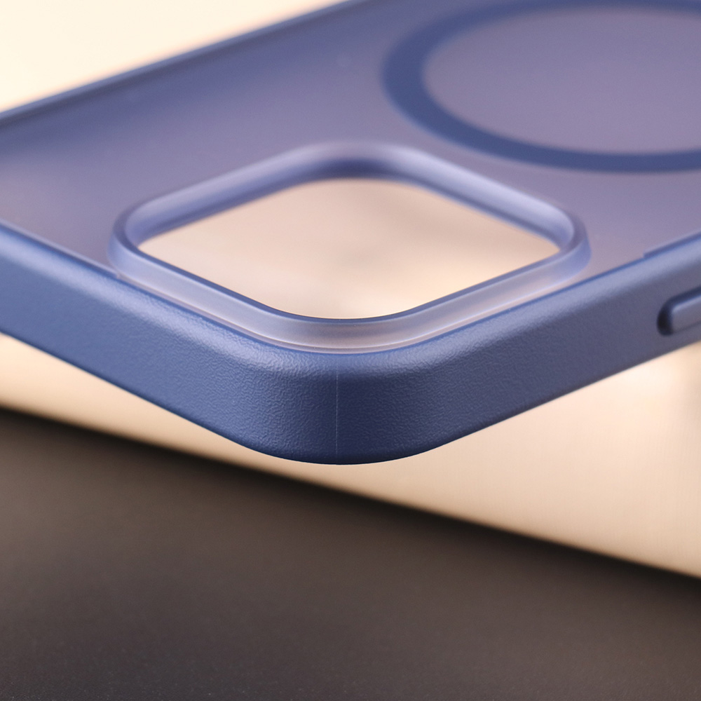 Close-up of the raised camera frame on the dark blue UGOjP matte case for iPhone 16 Series.