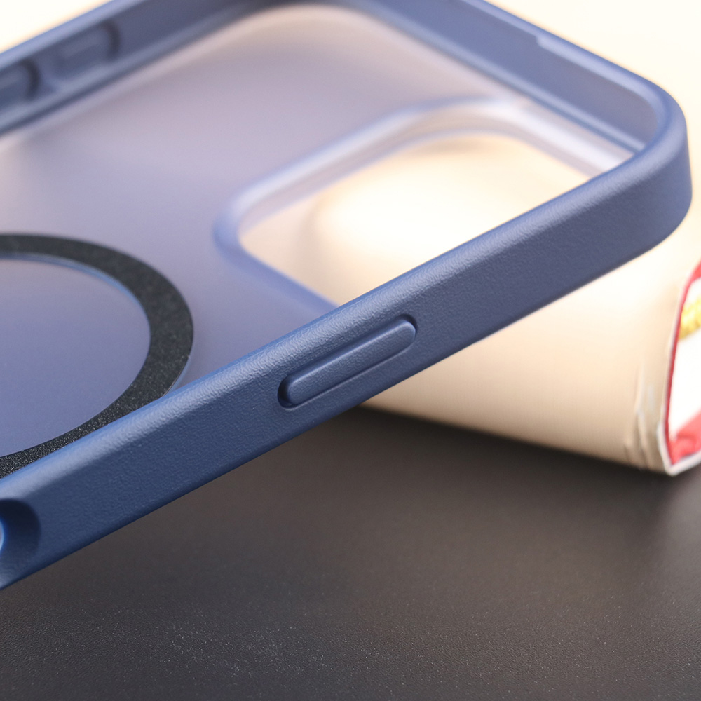 Side button detail of the dark blue UGOjP matte phone case for iPhone 16 Series.