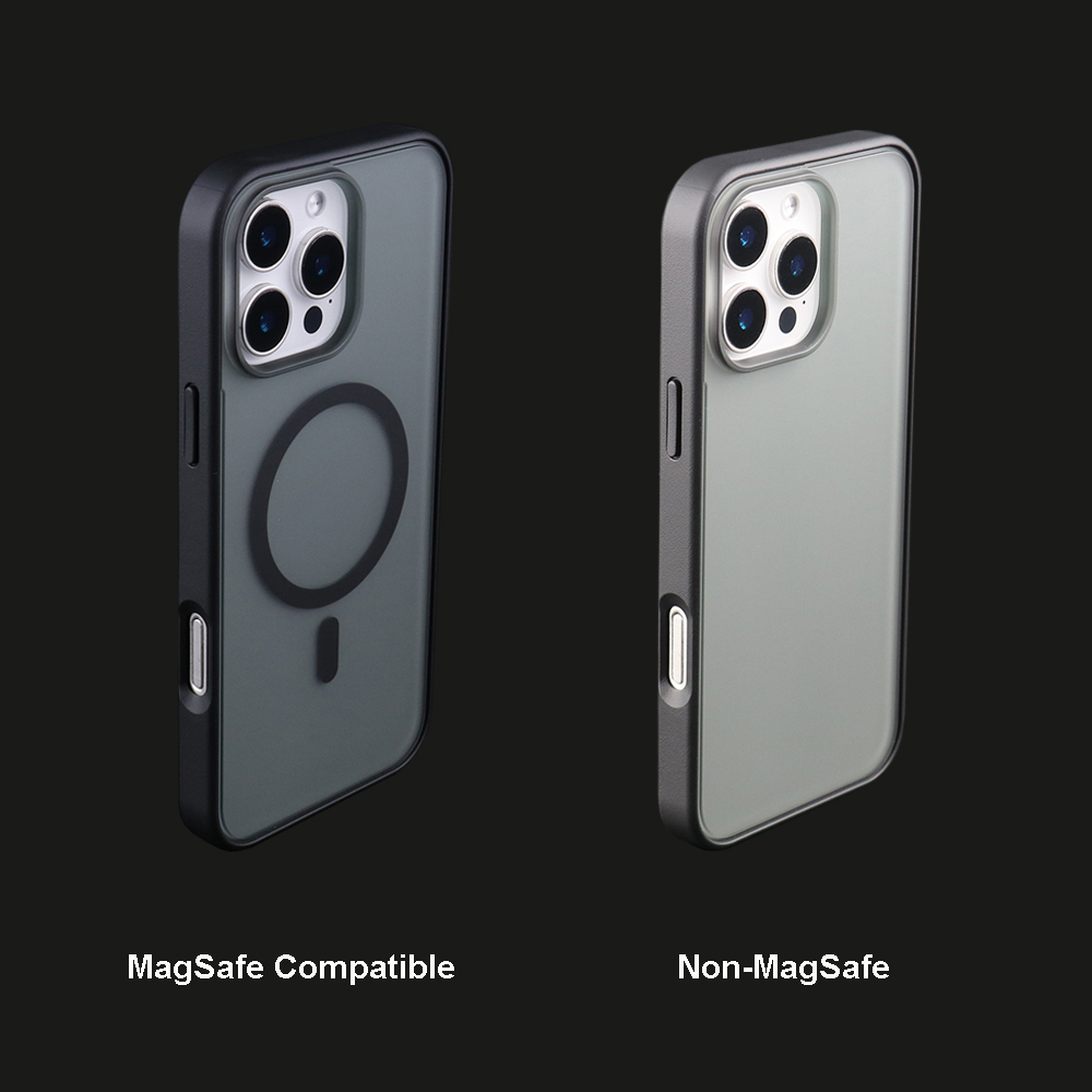 Comparison of magnetic and non-magnetic UGOjP matte phone cases for iPhone 16 Series.